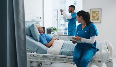 Nurse, clipboard and happy old woman in hospital bed for medical assessment, good news or recovery. Healthcare staff, senior patient and worker with health report for healing update or monitor vitals