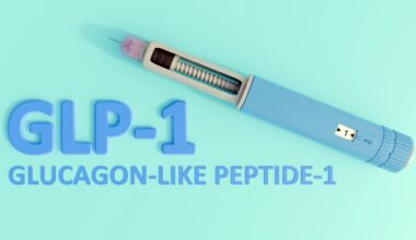 A 3d rendering of pre-filled injection pen, similar to those used for diabetes or weight management medications with letters spell out GLP-1