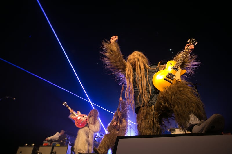Gruff Rhys, Guto Pryce and Huw Bunford of Super Furry Animals at the Olympia Theatre in 2016. Photograph: Kieran Frost/Redferns