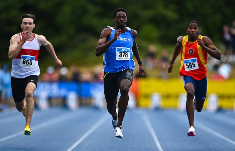 Benji Richardson on the way to winning the men's 100m to complete the sprint double. Photograph: Tyler Miller/Sportsfile