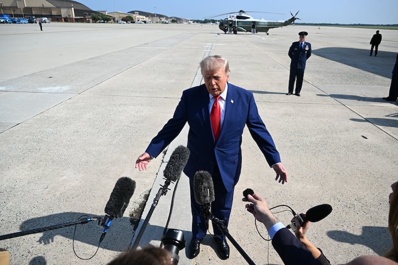 US president Donald Trump speaks to reporters in Delaware, on Wednesday. Photograph: Kenny Holston/The New York Times
                      