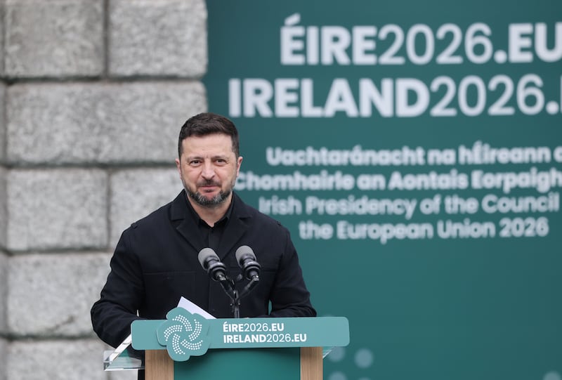 Volodymyr Zelenskiy, president of Ukraine, addressing the opening ceremony at Dublin Castle to mark the start of Ireland's EU presidency. Photograph: Alan Betson


