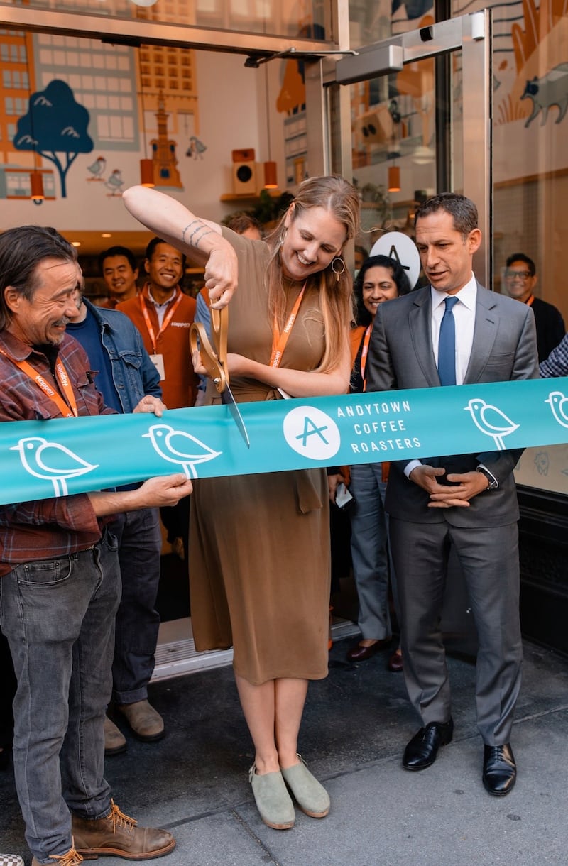 At the opening of the most recent cafe at 66 Kearny with San Francisco Mayor Daniel Lurie. PICTURE: SAMANTHA BRANCATO