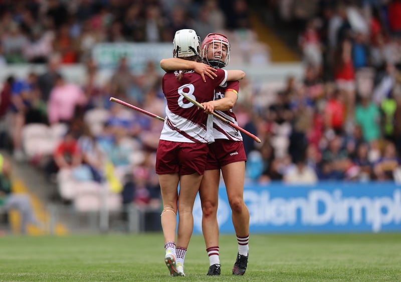 Galway's Ally Hesnan and Ciara Hickey celebrate at the final whistle. Photograph: Tom Maher/Inpho
