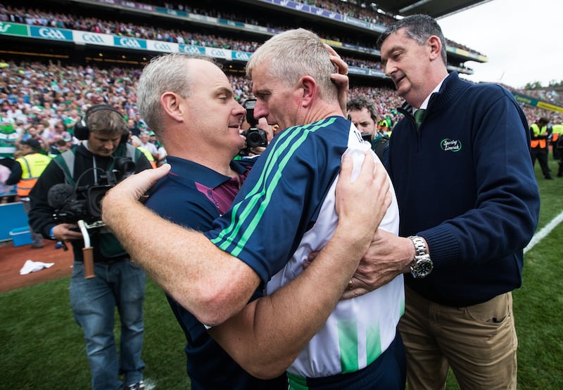 Limerick manager John Kiely with Galway manager Michael Donoghue at the final whistle. Photograph: Tommy Dickson/Inpho