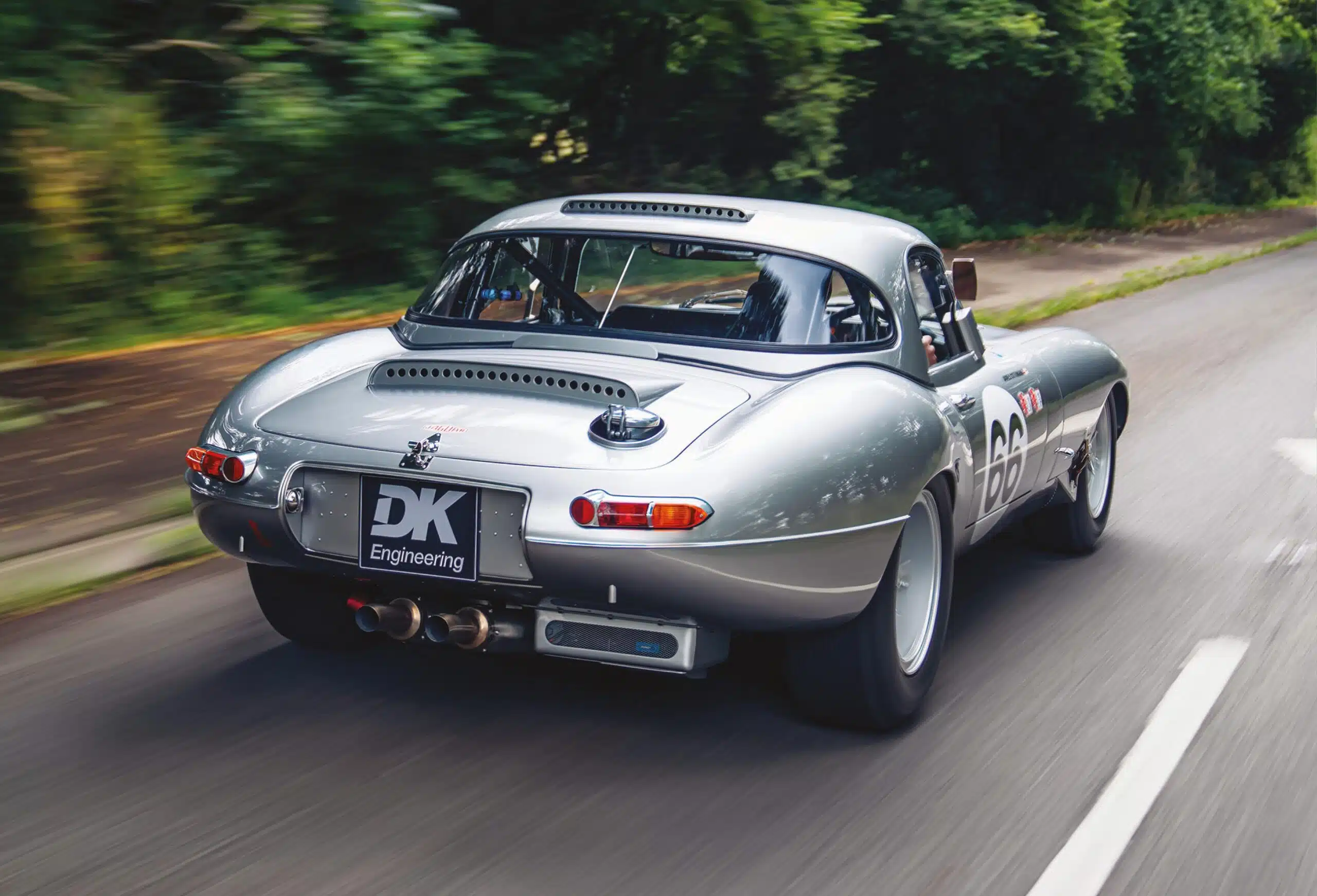 Rear view of Jaguar E-type Lightweight continuation on the road