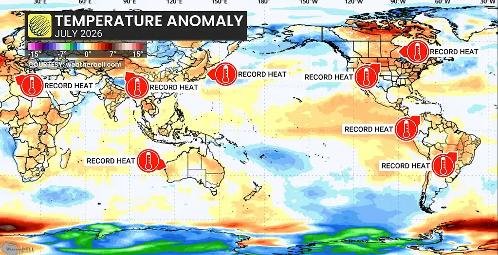 Map showing record heat temperatures worldwide in July 2026.