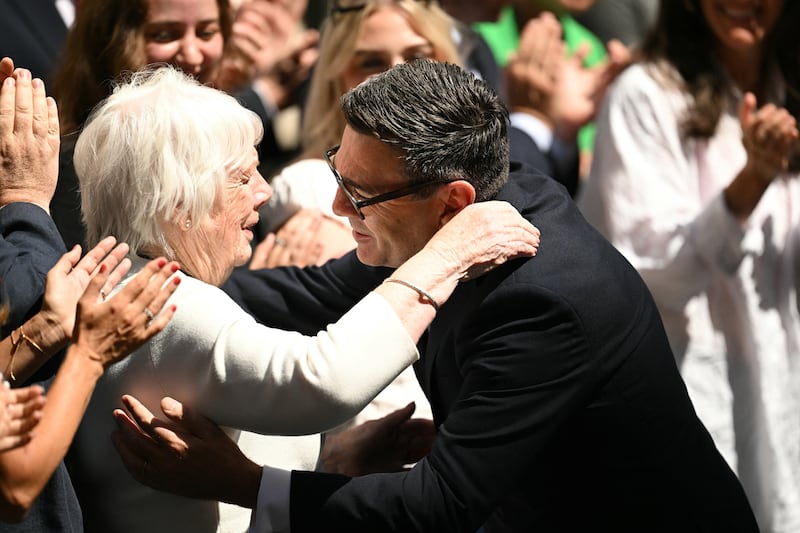 New UK prime minister Andy Burnham embraces his mother Eileen. Photograph: Oli Scarff/AFP via Getty Images