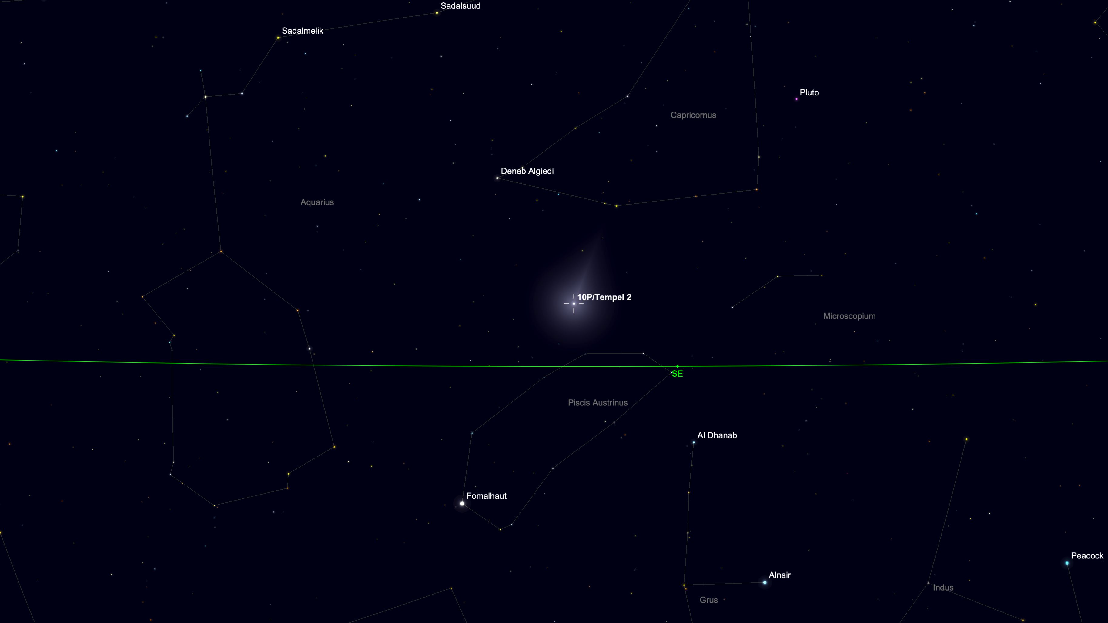 A starmap showing the location of Comet 10P/Tempel on Aug. 2