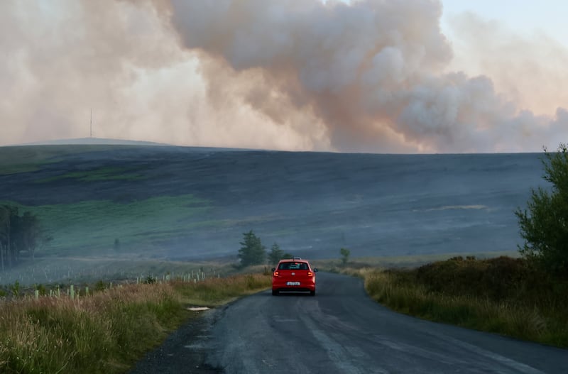Smoke is seen rising from a large forest fire near Ticknock in the Dublin Mountains