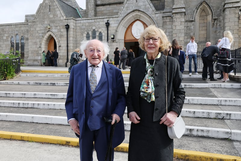 Former president Michael D Higgins and his wife, Sabina, at the funeral of David Andrews. Photograph: Alan Betson.