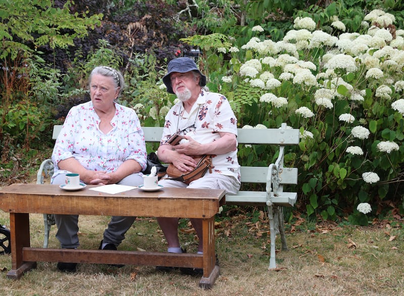 Visitors enjoying tea after attending a talk in Handymount Gardens, Tullow, Co Carlow, as part of Carlow Garden Festival 2026. Photograph: Dara Mac Dónaill/The Irish Times