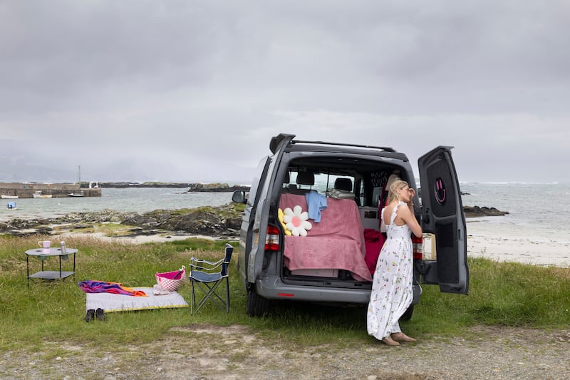 Jessica Strawbridge with her campervan beside Rossbeg Beach, Co Donegal.
Photograph: Joe Dunne 