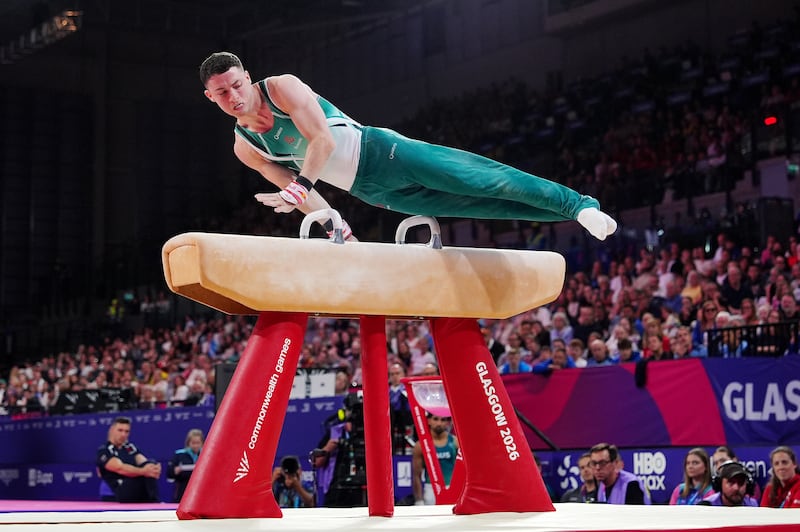 Rhys McClenaghan of Northern Ireland in action during the men's pommel horse final at the Glasgow International Arena on day four of the Commonwealth Games. Photograph: Owen Humphreys/PA Wire