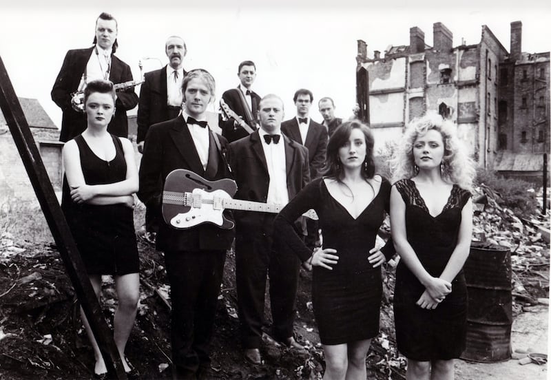 The Commitments cast, from back row: Dean (Felim Gormley), Joey The Lips (Johnny Murphy), Derek (Kenneth McCluskey), Steven (Michael Ahern) and Mickah (Dave Finnegan).
Front row: Bernie (Bronagh Gallagher) Outspan (Glen Hansard), Deco (Andrew Strong), Natalie (Maria Doyle and Imelda (Angeline Ball). Photo: Collins