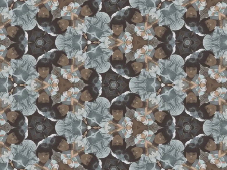 A kaleidoscopic pattern featuring repeated images of a young child with short dark hair, wearing a striped outfit, creating a symmetrical, geometric design.