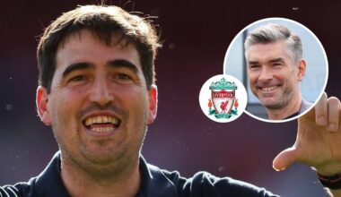 Incoming new Liverpool manager Andoni Iraola and, inset, sporting director Richard Hughes next to the Liverpool FC badge