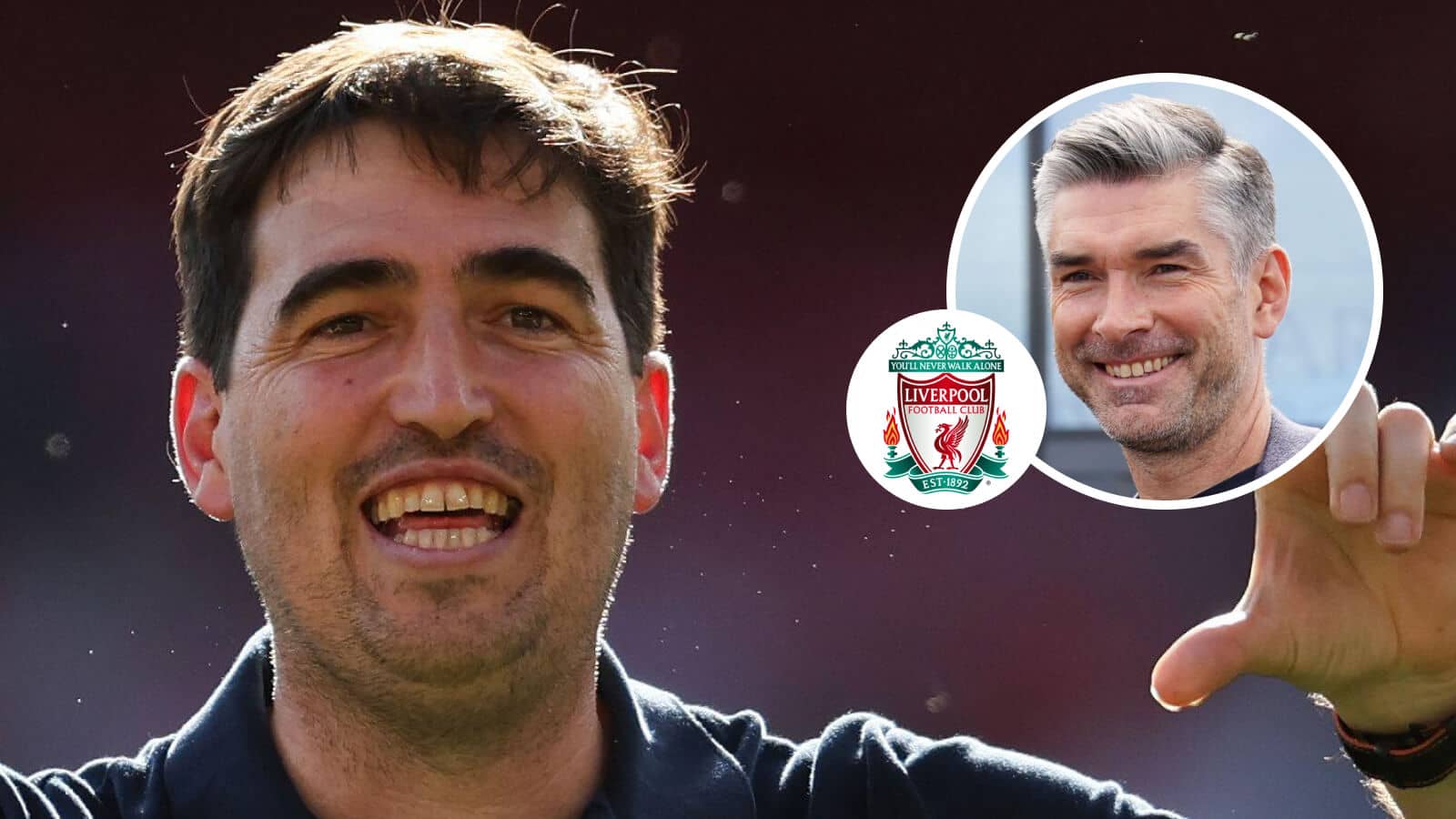 Incoming new Liverpool manager Andoni Iraola and, inset, sporting director Richard Hughes next to the Liverpool FC badge