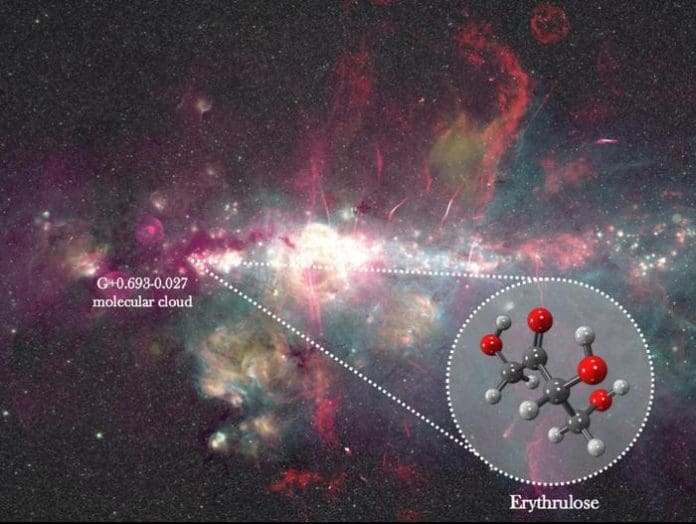 Figure. Composite image from the Galactic Center. Green and yellow: 8 µm and 24 µm emission observed with Spitzer (Churchwell et al. 2009; Carey et al. 2009). Red: 20 cm emission imaged with MeerKAT (Heywood et al. 2019, 2022) and the Green Bank Telescope (GBT; Law et al. 2008). Image adapted from Henshaw et al. (2023; doi: 10.48550/arXiv.2203.11223) and Longmore et al. (2026; 10.48550/arXiv.2602.20340). Credit Credits: Ashley Barnes/Izaskun Jiménez-Serra/Juan García de la Concepción