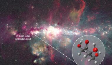 Figure. Composite image from the Galactic Center. Green and yellow: 8 µm and 24 µm emission observed with Spitzer (Churchwell et al. 2009; Carey et al. 2009). Red: 20 cm emission imaged with MeerKAT (Heywood et al. 2019, 2022) and the Green Bank Telescope (GBT; Law et al. 2008). Image adapted from Henshaw et al. (2023; doi: 10.48550/arXiv.2203.11223) and Longmore et al. (2026; 10.48550/arXiv.2602.20340). Credit Credits: Ashley Barnes/Izaskun Jiménez-Serra/Juan García de la Concepción
