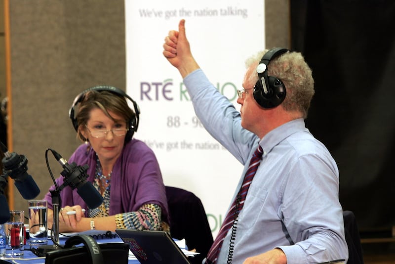 Áine Lawlor and Cathal Mac Coille during a broadcast of Morning Ireland celebrating it's 25th birthday. Photograph: Eric Luke