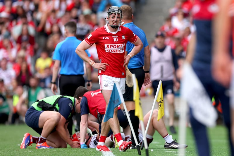 Cork's Darragh Fitzgibbon leaves the field after being send off during the second half of the All-Ireland semi-final against Galway. Photograph: Ryan Byrne/Inpho