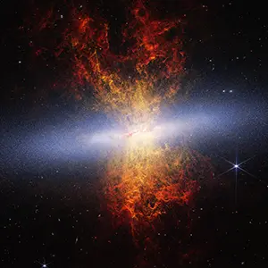 Scientists used NASA’s James Webb Space Telescope to image edge-on starburst galaxy Messier 82 and trace its evolutionary history. This Webb and Hubble composite image includes 16.5 million stars (blue-white), dust grains (red-orange), and ionized hydrogen gas (yellow). Credit: NASA, ESA, CSA, Adam Smercina (STScI, Tufts), Thomas Williams (University of Manchester); Image Processing: Alyssa Pagan (STScI)