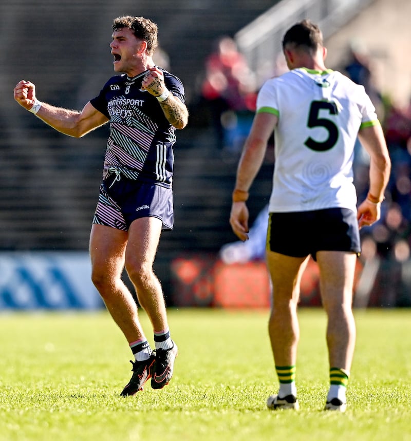 Jordan Flynn of Mayo celebrates scoring a two-pointer during the GAA Football All-Ireland Senior Championship Round 3 match between Mayo and Meath at Hastings Insurance MacHale Park in Castlebar, Mayo