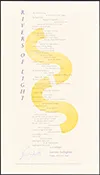 A narrow poster featuring a vertical poem titled "Rivers of Light," with text printed over a large, yellow, winding river graphic—perfect for museums seeking unique, poetic art displays.