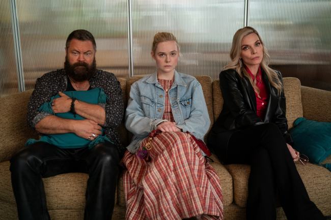 Nick Offerman, Elle Fanning and Michelle Pfeiffer in the season finale of 'Margo's Got Money Troubles'