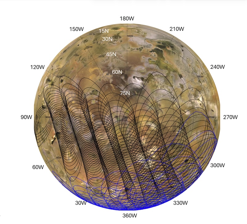 Globe map of a mottled planet-like body, with several long "tube" shapes composed of coiled lines.