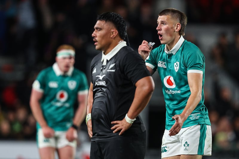 Ireland's Sam Prendergast reacts to the final whistle. Photograph: Ben Brady/INPHO