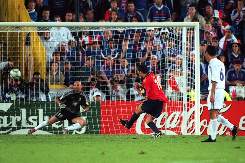 Raúl misses a penalty for Spain during the Euro 2000 quarter-final against France. Photograph: Michael Mayhew/Sportsphoto/Allstar via Getty Images