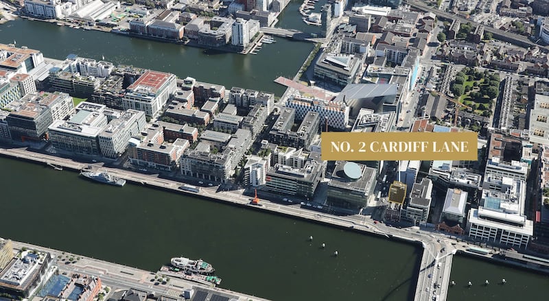 An aeriaL view shows the location of 2 Cardiff Lane in Dublin's south docklands