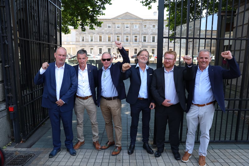 Jason Clancy, Colin Power, Paul Walsh, Gerry Mullane, Kevin Keating and Barry Murphy outside Leinster House this week when the Government offered a formal State apology to the survivors of Bill Kenneally's sexual abuse. Photograph: Stephen Collins/Collins Photos 