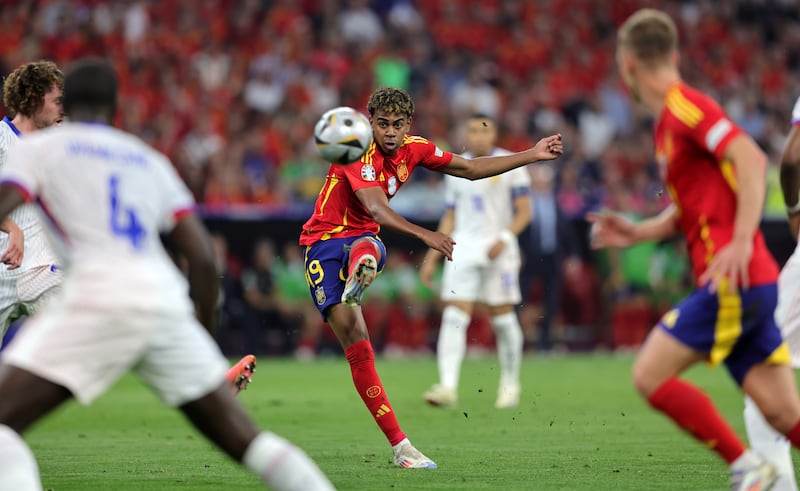 Spain's Lamine Yamal scores against France in the Euro 2024 semi-final. Photograph: Christina Pahnke/Getty