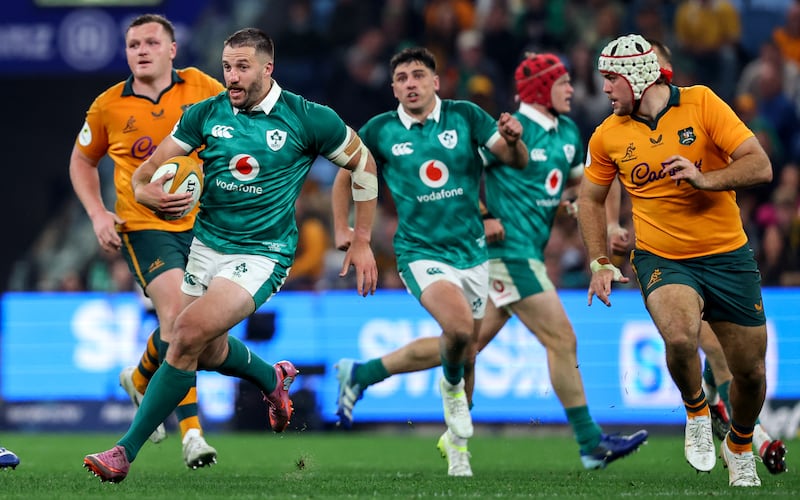 Ireland's Stuart McCloskey makes a break against Australia. Photograph: Ben Brady/Inpho