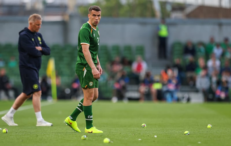 Republic of Ireland manager Heimir Hallgrímsson and Seamus Coleman ahead of the Republic of Ireland's friendly against Qatar at the Aviva Stadium in May during which tennis balls were thrown onto the pitch in protest over the scheduled Nations League fixtures against Israel. Photograph: Ryan Byrne/Inpho