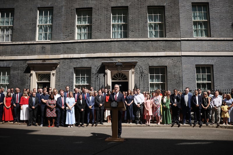 Keir Starmer delivers a farewell speech after standing down as prime minister in Downing Street. Photograph: Dan Kitwood/Getty Images