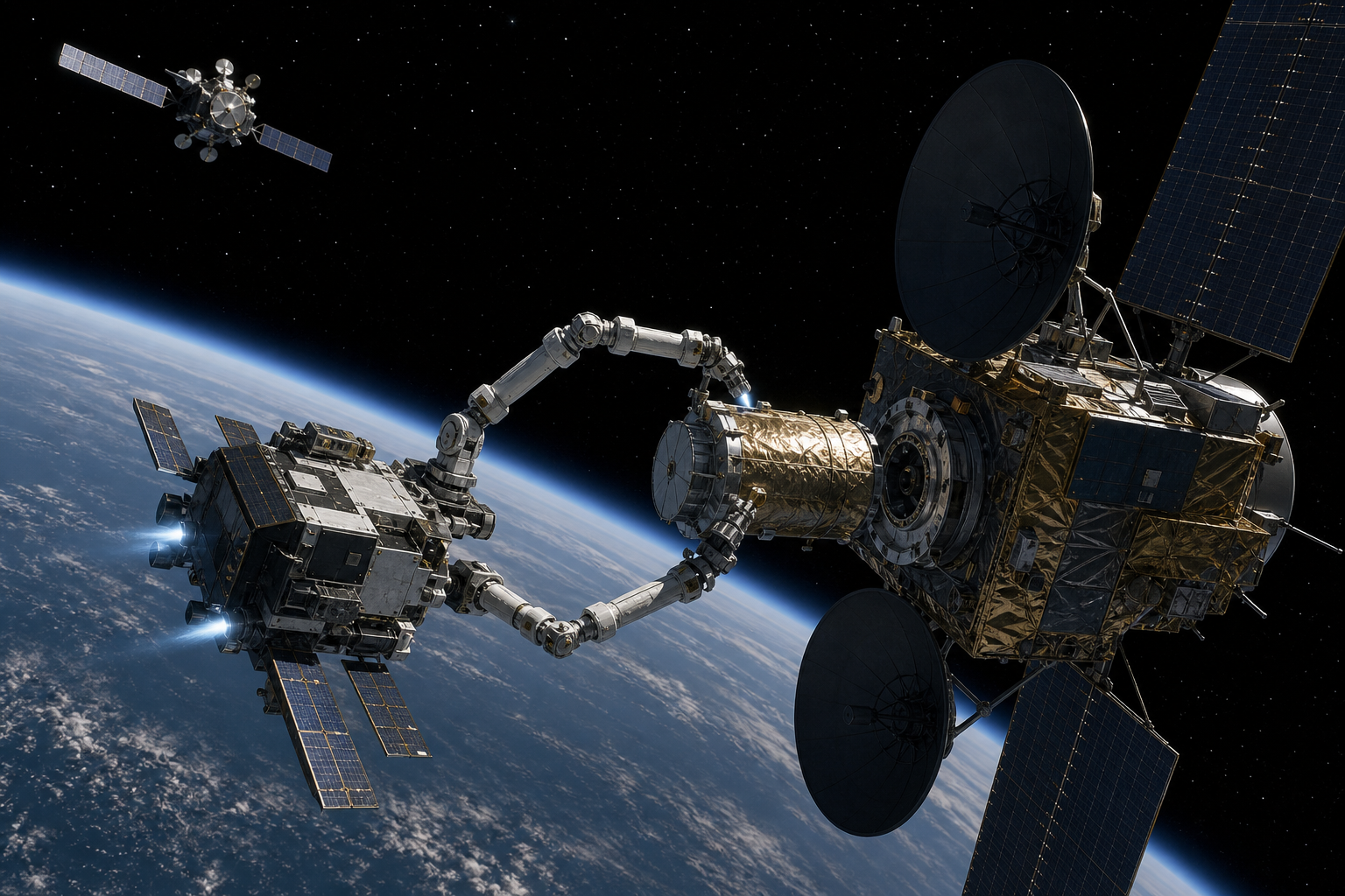 A reusable robotic servicer moves between satellites while an older extension vehicle remains docked to one client.