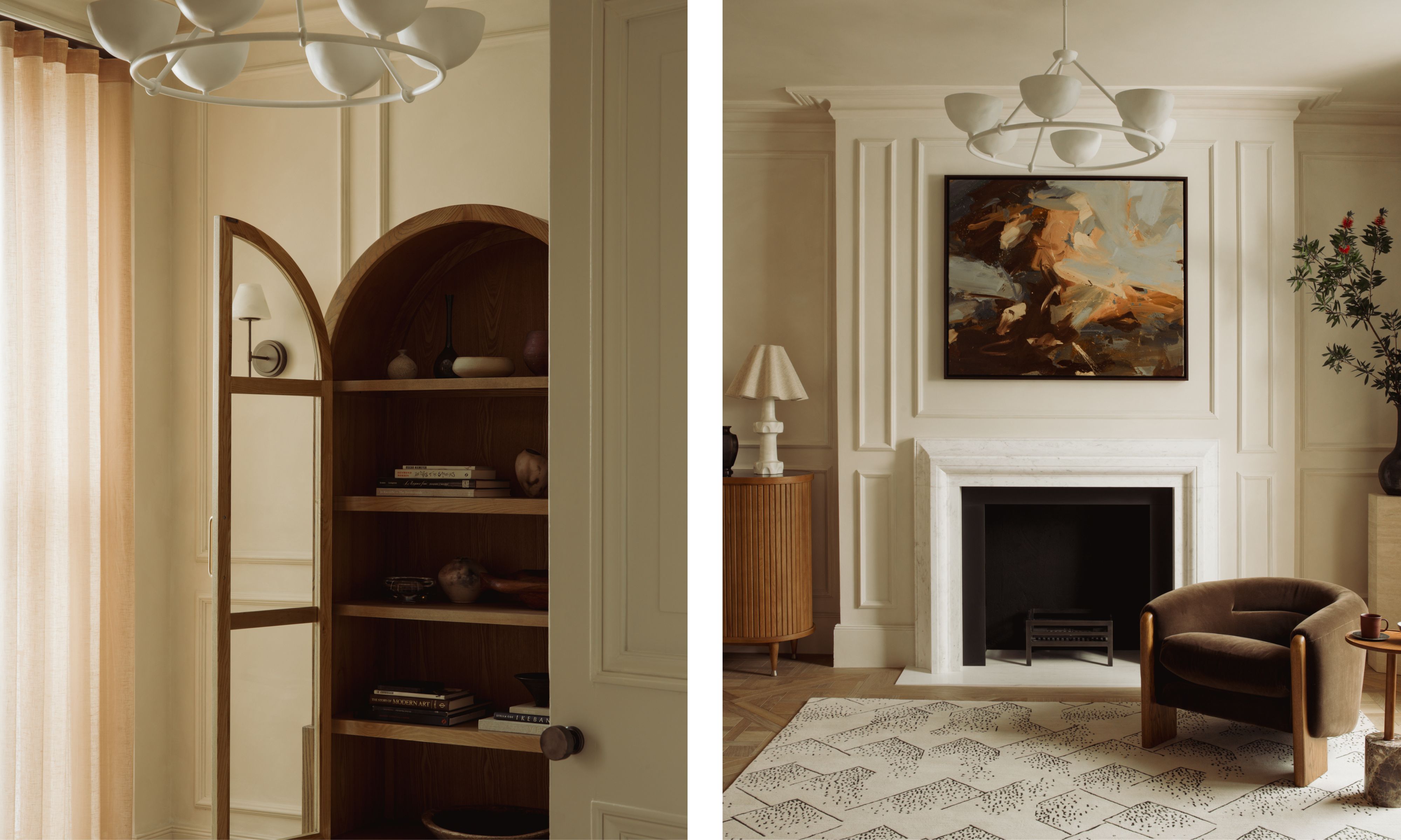 two shots next to each other of the same living room, with creamy white walls and dark brown furniture