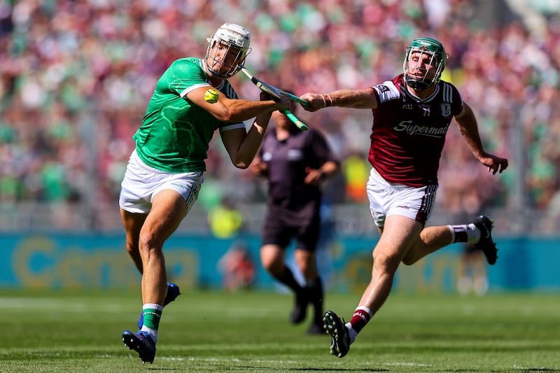 Limerick's Kyle Hayes is challenged by Galway's Cathal Mannion. Photograph: Tom O’Hanlon/Inpho