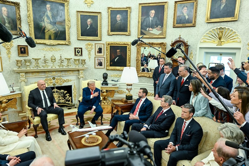 US president Donald Trump takes questions from reporters during a meeting with President of Lebanon Joseph Aoun at the White House in Washington on Tuesday. Photograph: Kenny Holston/The New York Times
                      