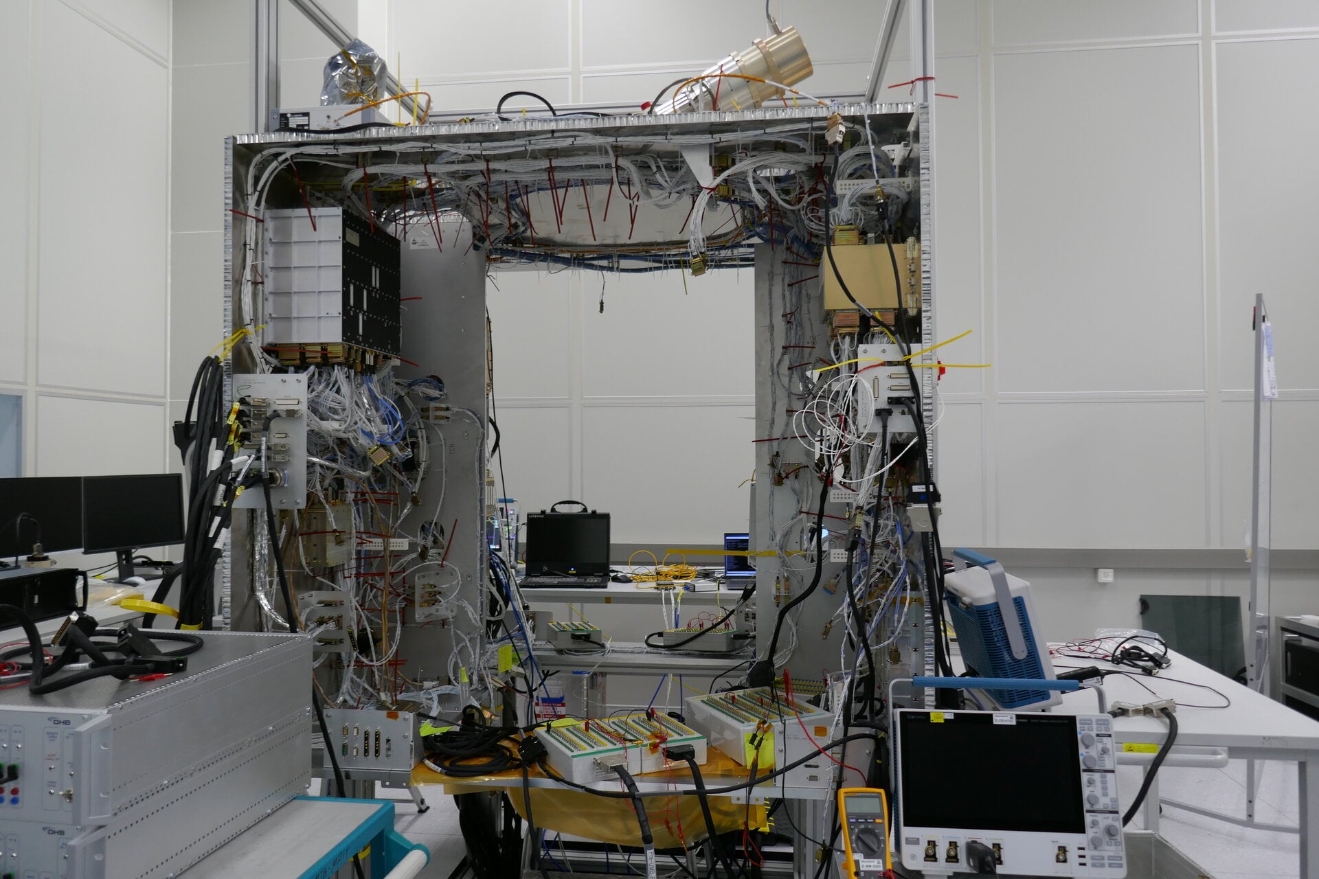 OHB's Hera Avionics Test Bench, nicknamed 'the Bench,' a full working replica of Hera used to rehearse the software upgrade for eighteen months before it was ever sent to the real spacecraft (Credit : ESA/OHB)