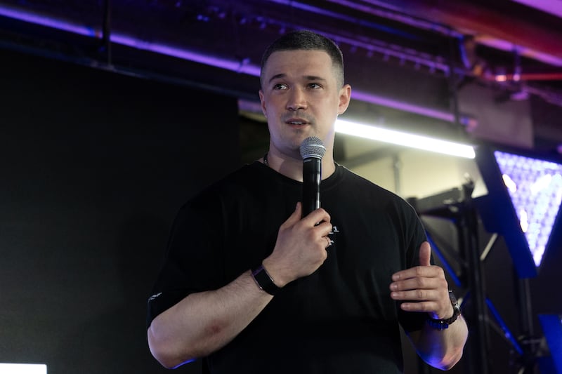 Mykhailo Fedorov speaks to supporters in Kyiv, Ukraine’s capital, on Thursday. Photograph: Jedrzej Nowicki/The New York Times
                      