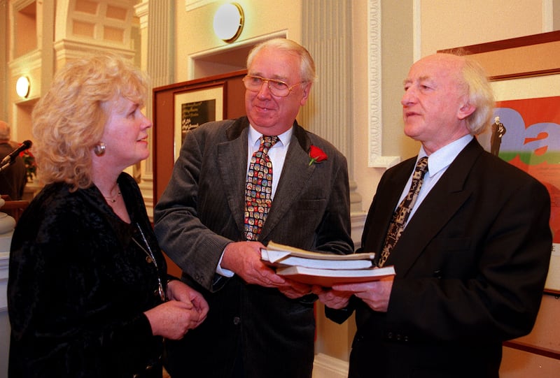 Pat Donlon as director of the National Library with playwright Hugh Leonard (centre) and then-minister for the arts Michael D Higgins in 1996. Photograph: David Sleator