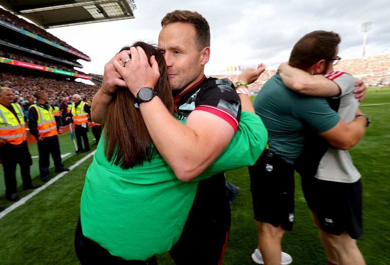 Mayo manager Andy Moran celebrates after his team beat Kerry in the All-Ireland Senior Football Championship final. Photograph: Ryan Byrne/Inpho