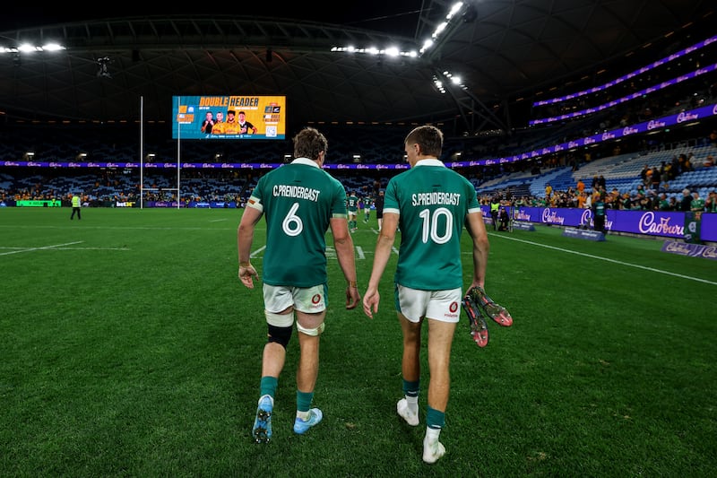 Ireland's Sam Prendergast and Cian Prendergast celebrate after the match. Photograph: Ben Brady/Inpho