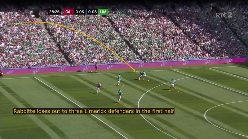 Jason Rabbitte tries to secure possession with three Limerick defenders ready to close in on him.