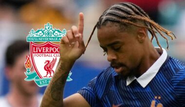 PSG and France winger Bradley Barcola next to the Liverpool badge